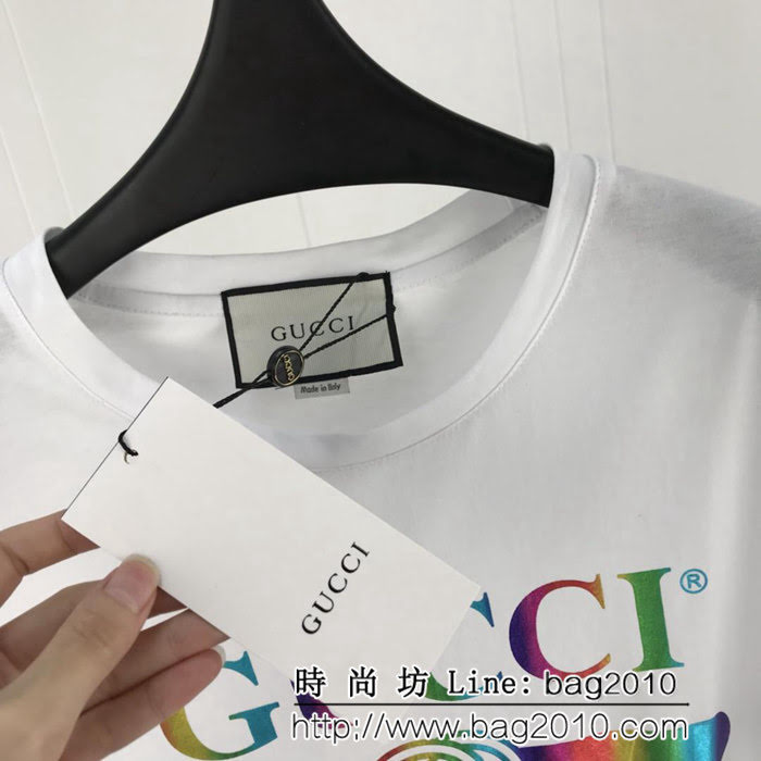 GUCCI古馳 19早春新款 漸變色logo印花 雙股絲光棉短袖 男女同款 ydi1605